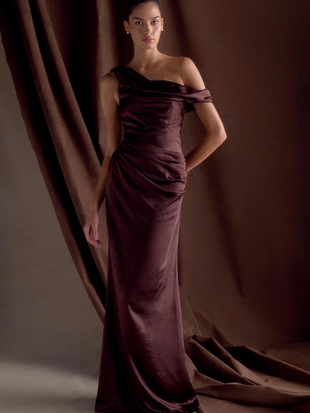 Meshki One-Shoulder Satin Maxi Dress in Deep Brown